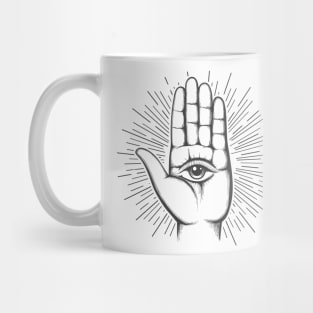 Open hand with the all-seeing eye on the palm Mug